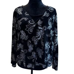 Women's Black Velvet Silver Paisley Embellishment Top Petite Xl